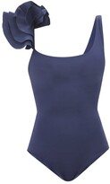 Tasi Ruffled-shoulder Square-neck Swimsuit - Navy