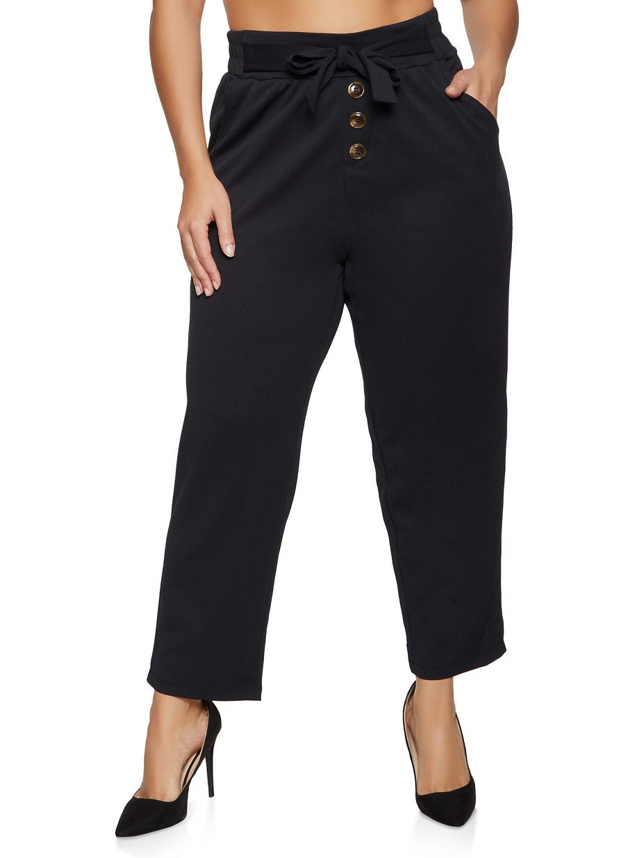 Plus Size Button Detail Tie Front Pants