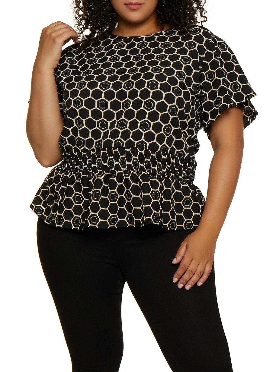 Plus Size Geometric Print Smocked Waist Top