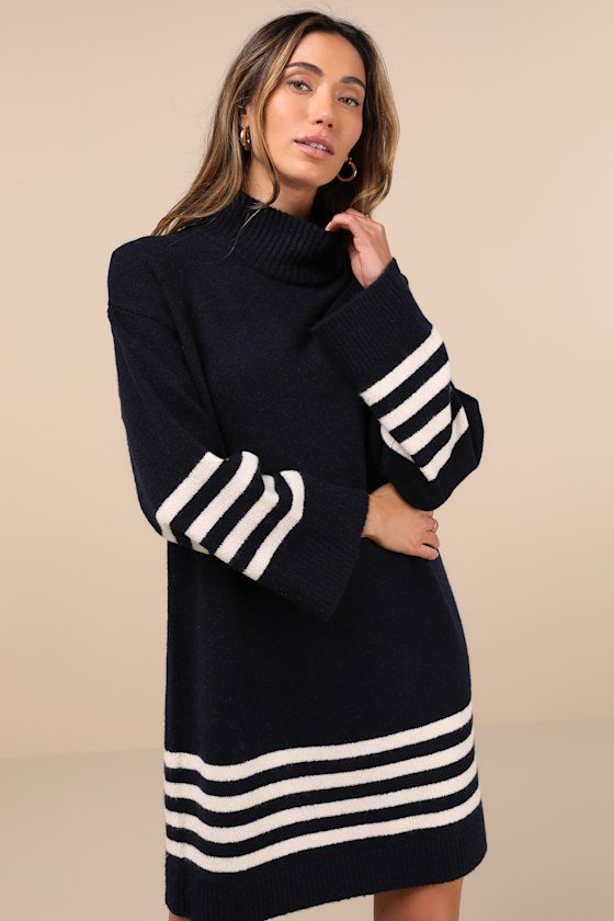 Image of Comfiest Cutie Navy Striped Mock Neck Mini Sweater Dress