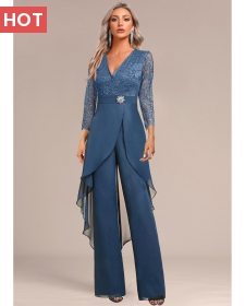 ROTITA Lace Peacock Blue Long V Neck Jumpsuit