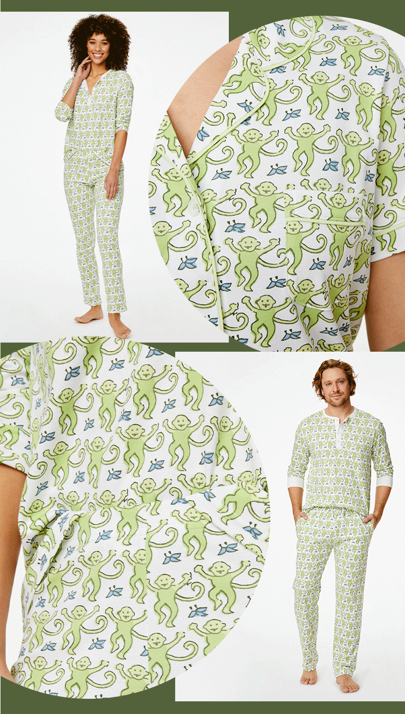 The new Roller Rabbit Lime Monkey pajama sets for men women, kids and even your furry friend.