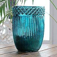 Teal Glass Molded Flower Vase