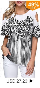 Flower Print Cold Shoulder Striped Blouse