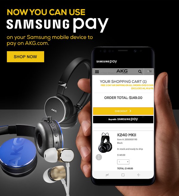 Now you can use Samsung Pay on your Samsung mobile device to pay on AKG.com. Shop Now.