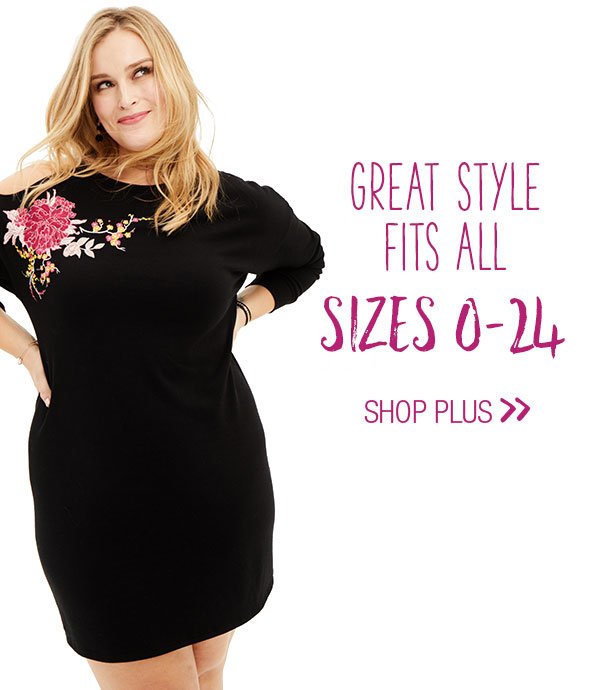 Great style fits all. Sizes 0-24. Shop plus.