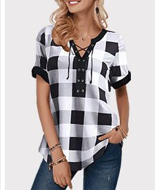 Lace Up Front Plaid Print Blouse