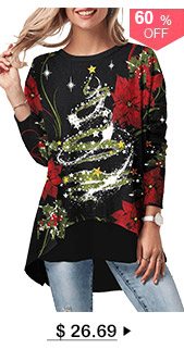 Christmas Printed Long Sleeve Black Button Back T Shirt