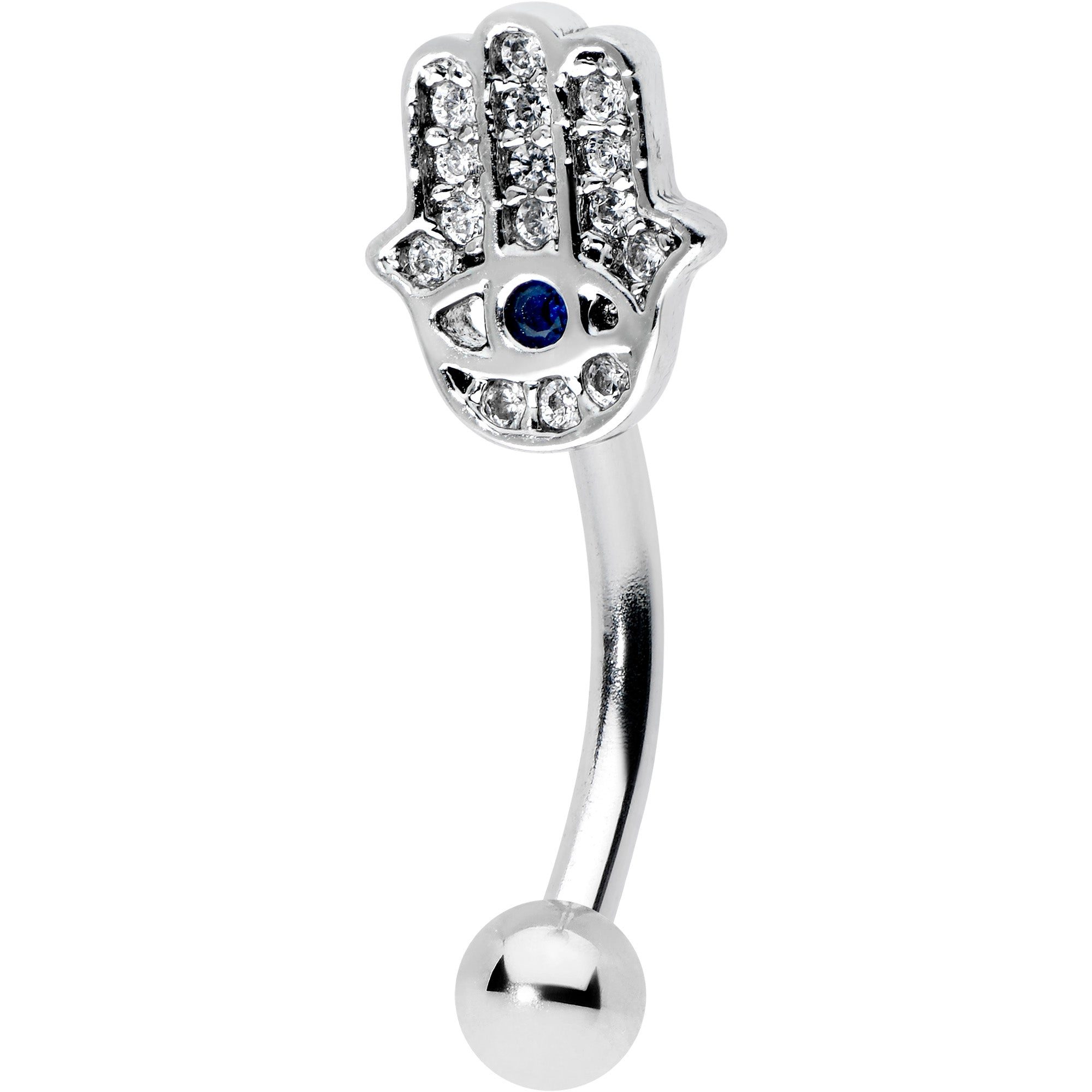 Image of 16 Gauge 5/16 Clear Blue Gem Eye Hamsa Hand Curved Eyebrow Ring