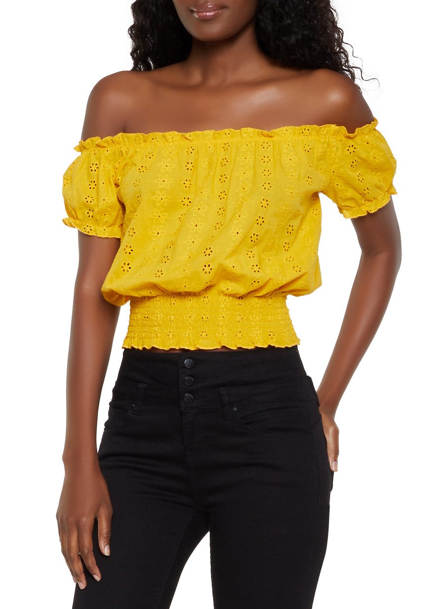 Eyelet Smocked Off the Shoulder Top