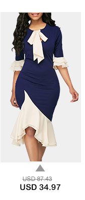 Tie Neck Frill Hem Flare Cuff Sheath Dress