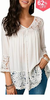 Button Up Lace Patchwork White Blouse