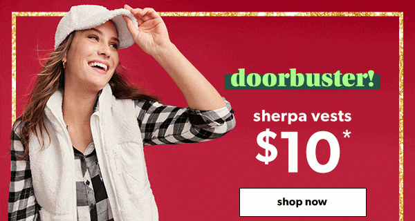 Doorbuster! Sherpa vests $10*. Shop now. Model wearing maurices clothing.