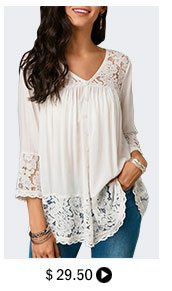 Button Up Lace Patchwork White Blouse