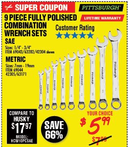 9 Pc Fully Polished Metric Combination Wrench Set