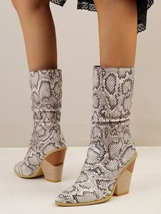 Femmes Bottines En Cuir PU Bout Pointu Blanc Imprimé En Peau De Serpent Bottes À Talon Chunky