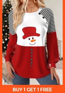 ROTITA Christmas Patchwork Snowman Print Multi Color Round Neck Sweatshirt