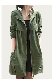 Zipper Up Hooded Collar Pocket Army Green Coat