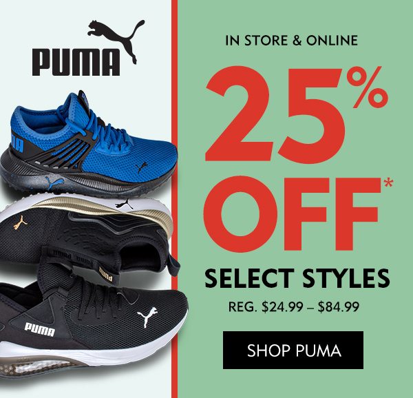 In store & online: 25% off select styles, $24.99-$84.99. Shop Puma.