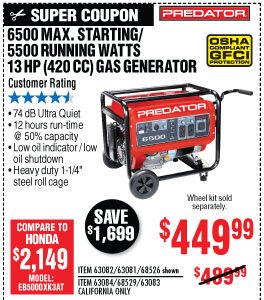 6500 Max Starting/5500 Running Watts, 13 HP (420cc)Generator EPA III with GFCI Outlet Protection 