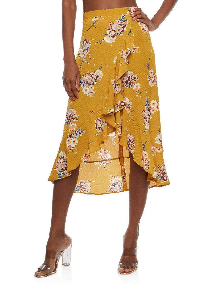 Floral Ruffle Faux Wrap Skirt