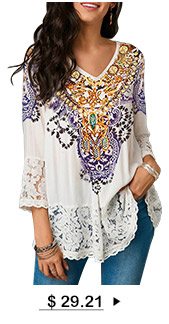 Lace Patchwork Three Quarter Sleeve Blouse