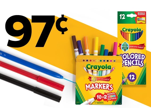 As low as 97¢ for select TRU RED™ pens, Crayola® products and more.