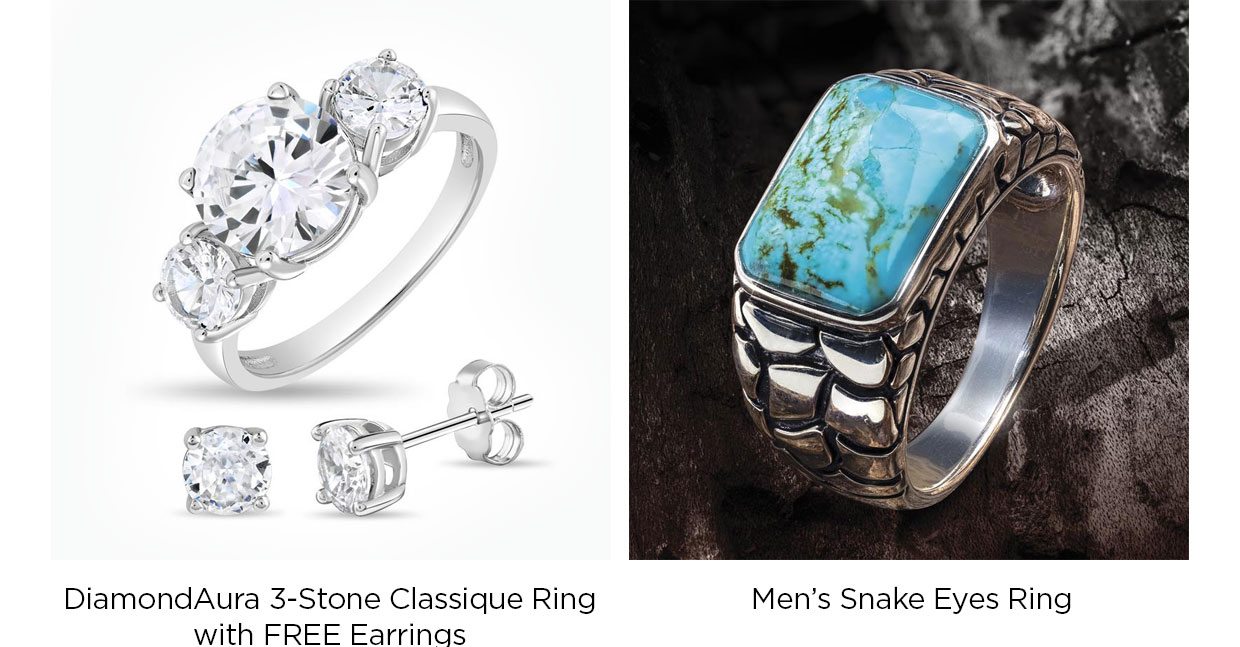 DiamondAura 3-Stone Classique Ring with FREE Earrings. Men's Snake Eyes Ring
