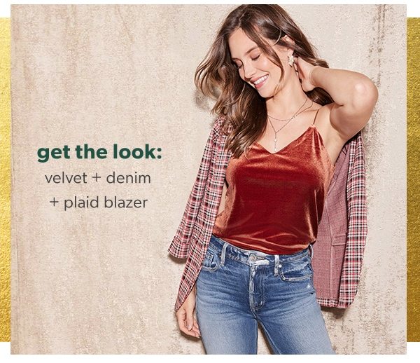 Get the look: Velvet + denim + plaid blazer.