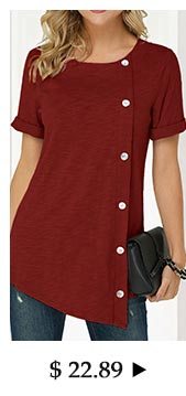 Button Detail Wine Red Asymmetric Hem T Shirt