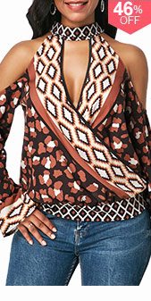 Cold Shoulder Choker Neck Mock Wrap Blouse