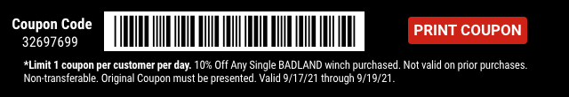Everyone Saves 10% off any Badland Winch - Inside Track Members Save 15% - Barcode