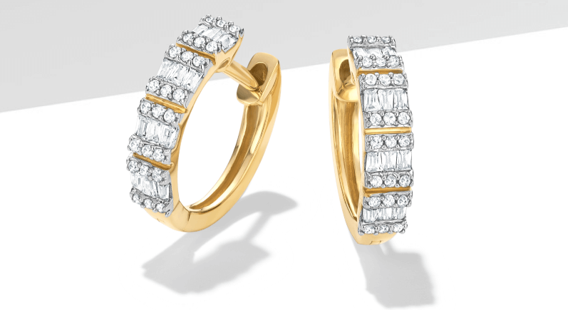 Men's Diamond Huggie Earrings 1/3 ct tw Round & Baguette 10K Yellow Gold