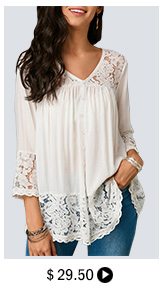 Button Up Lace Patchwork White Blouse