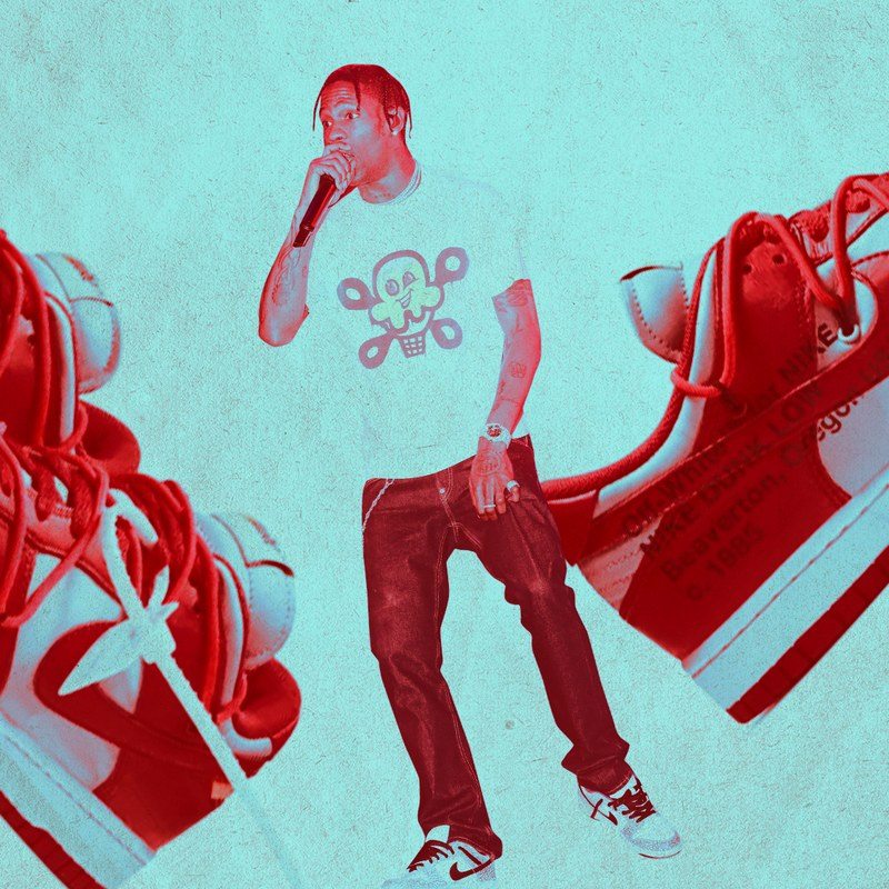 Collage of Travis Scott surrounded by gigantic Nike Dunk sneakers