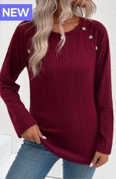 Wine Red Button Long Sleeve Round Neck T Shirt