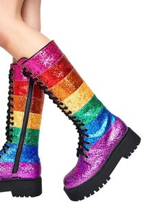 Femmes Bottes au genou Rose Bout rond Arc-en-ciel Paillettes Femmes Cuissardes