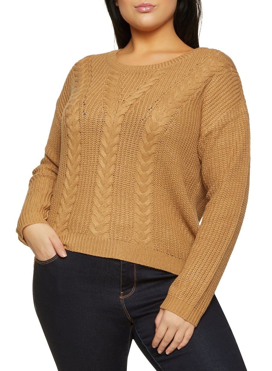 Plus Size Lace Up Back Cable Knit Sweater