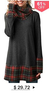 Plaid Cowl Neck Patchwork Dark Grey T Shirt