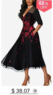 V Neck Flower Print Mesh Panel Black Dress