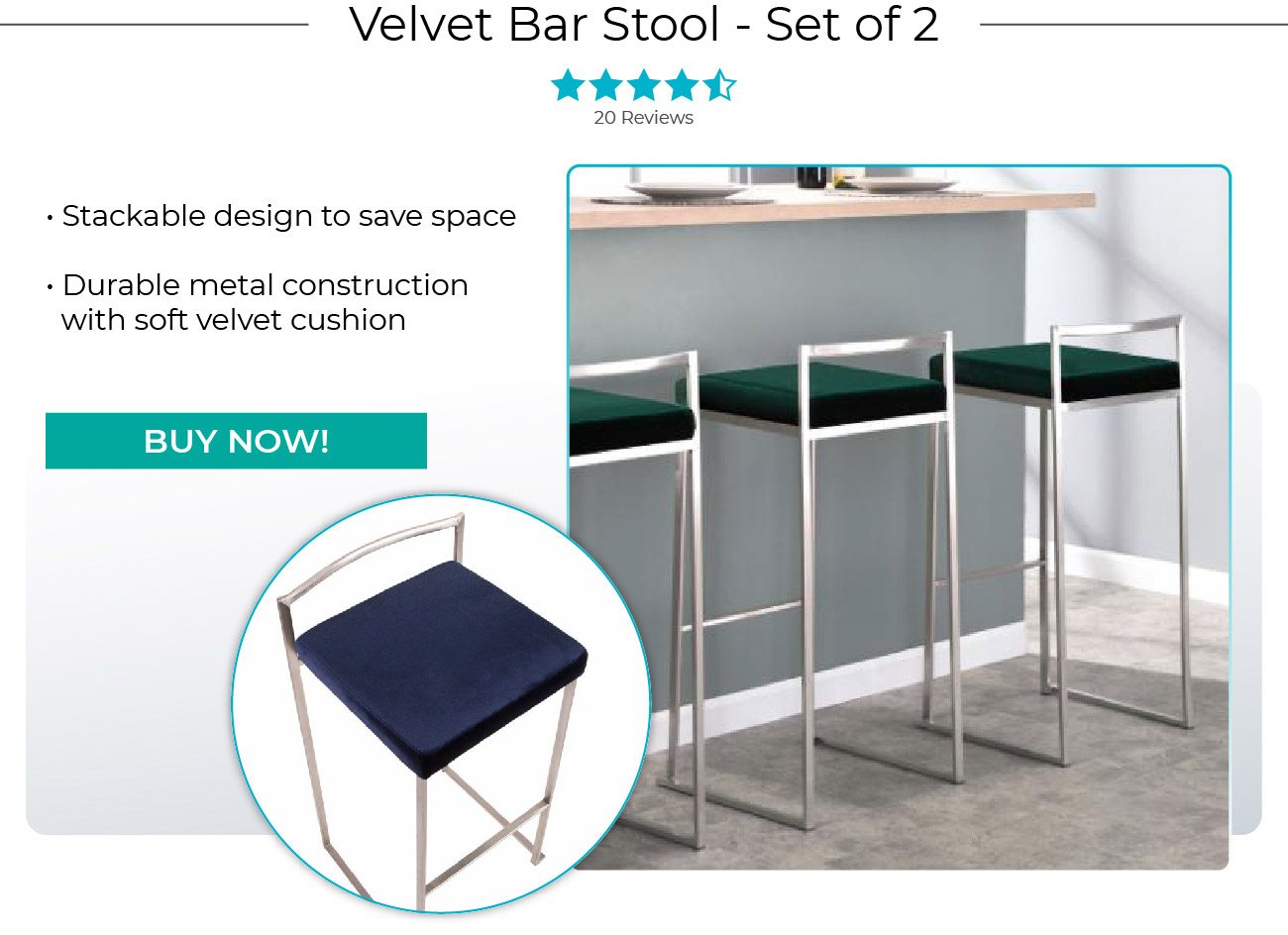 Velvet Bar Stool - Set of 2
