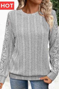 Grey Lace Long Sleeve Round Neck Sweatshirt