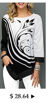 Asymmetric Hem Flower Print Three Quarter Sleeve T Shirt