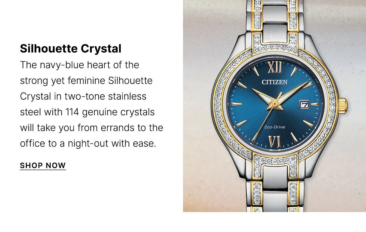 The navy-blue heart of the strong yet feminine Silhouette Crystal in dual-tone stainless steel with 114 genuine crystals will take you from errands to the office to a night-out with ease.
