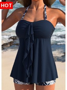 ROTITA Ruffle Navy Tropical Plants Print Tankini Set