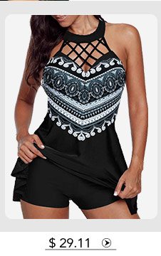 Cutout Back Cage Neck Geometric Print Swimdress and Shorts