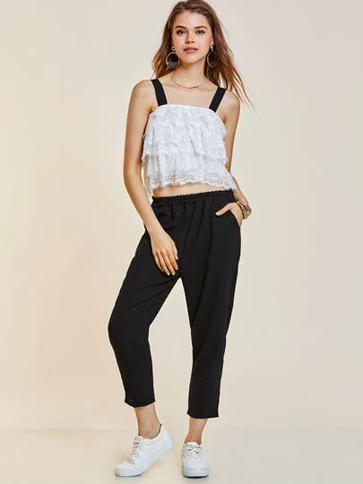 Lace Hollow Slash Neck Suspenders Women's Two Piece Set