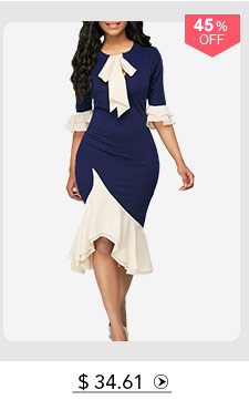 Tie Neck Frill Hem Flare Cuff Sheath Dress