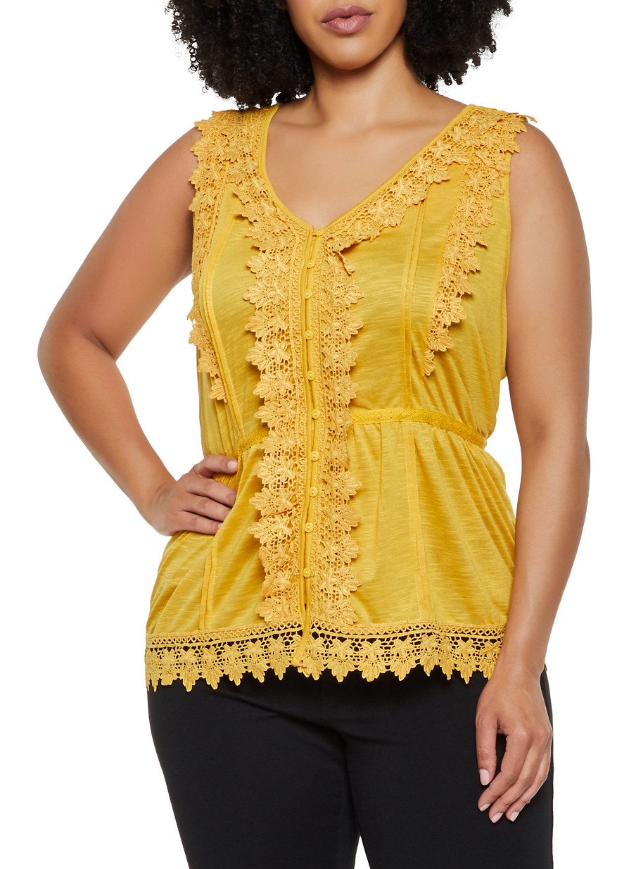 Plus Size Sleeveless Crochet Trim Button Front Top