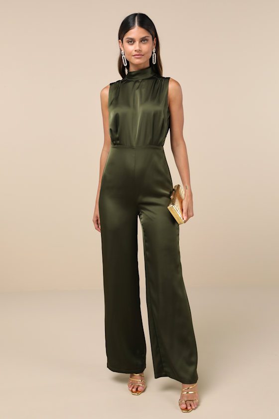 Image of Classic Elegance Olive Green Satin Sleeveless Mock Neck Jumpsuit